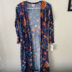 NWT LuLaRoe Sarah Cardigan, Blue Ribbed Floral, Long with Pockets, Size XS